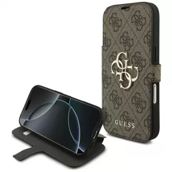 Capa tipo livro Guess Book 4G Metal Logo para Apple iPhone 17 Pro, castanho
