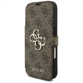 Capa tipo livro Guess Book 4G Metal Logo para Apple iPhone 17 Pro, castanho