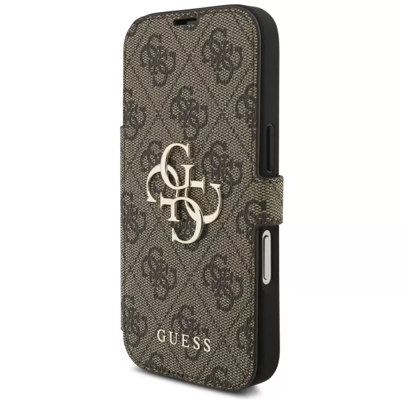 Capa tipo livro Guess Book 4G Metal Logo para Apple iPhone 17 Pro, castanho