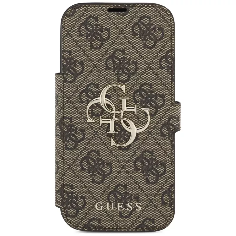 Capa tipo livro Guess Book 4G Metal Logo para Apple iPhone 17 Pro, castanho