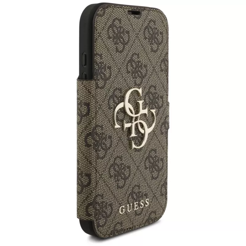 Capa tipo livro Guess Book 4G Metal Logo para Apple iPhone 17 Pro, castanho
