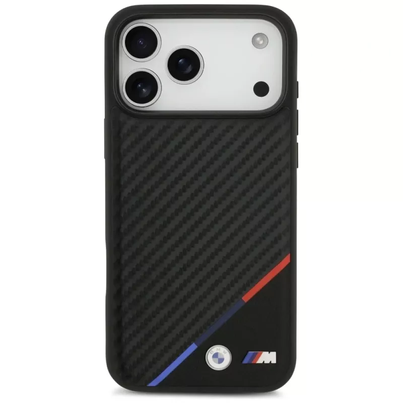 Capa MagSafe BMW M Carbon Tricolor Line para iPhone 17 Pro Max preto