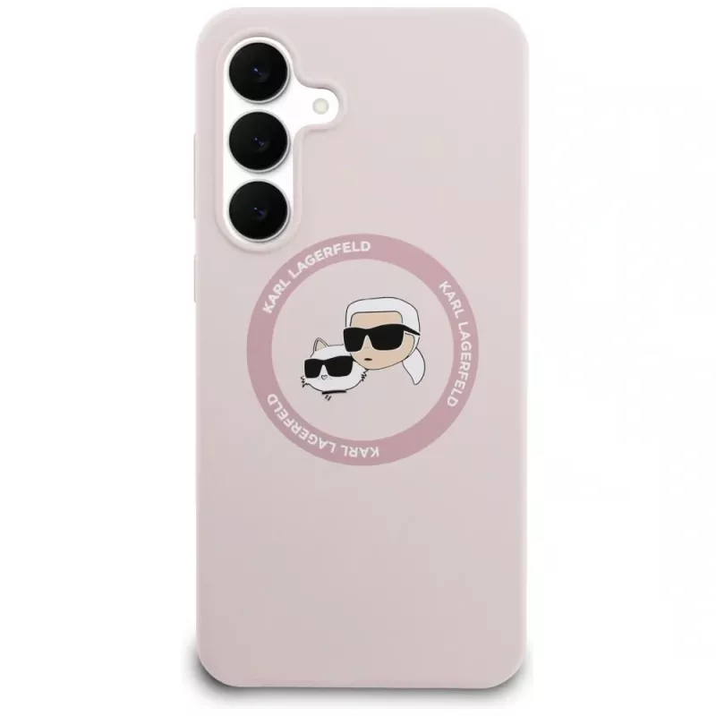 Capa de silicone KARL LAGERFELD Karl & Choupette Heads MagSafe para Samsung Galaxy S25 FE rosa
