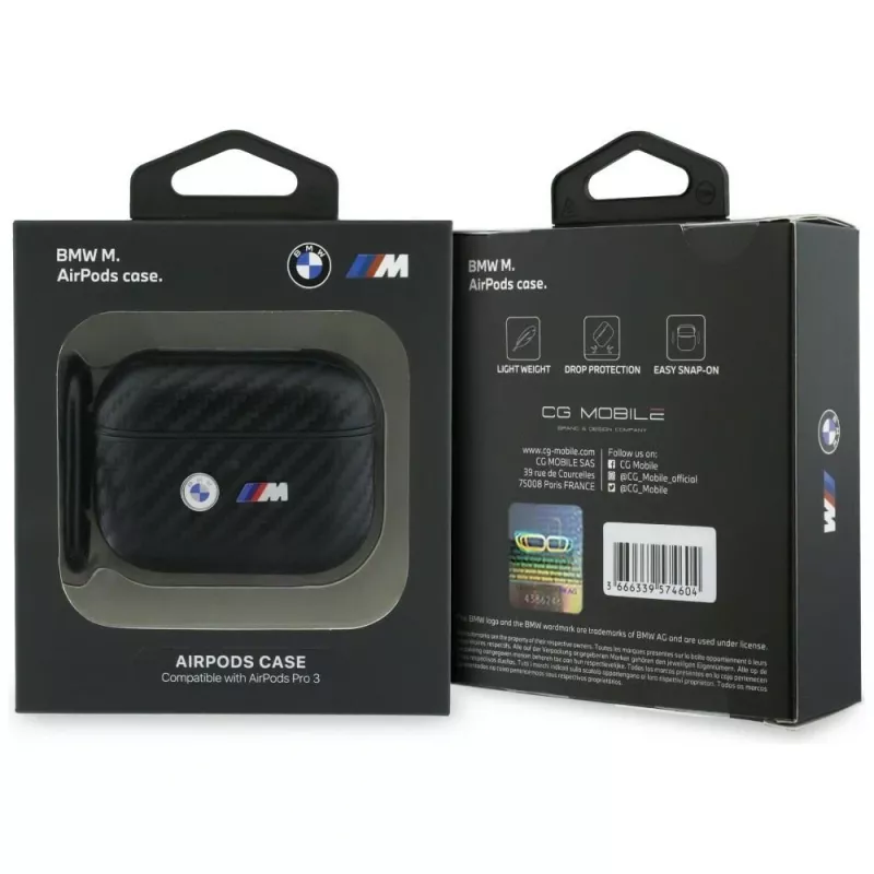 Capa protetora BMW Carbon Metal Logo para Apple AirPods Pro 3, preto