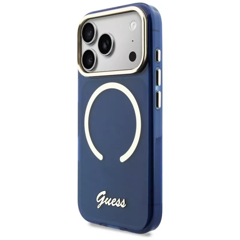 Capa Guess IML Script Metal MagSafe para iPhone 17 Pro, azul