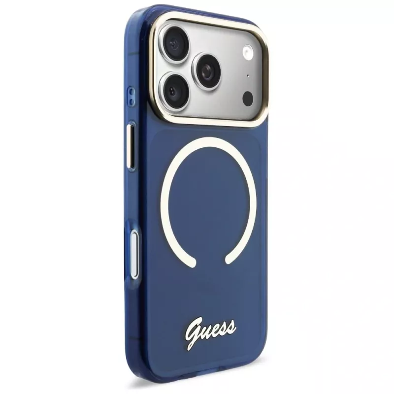 Capa Guess IML Script Metal MagSafe para iPhone 17 Pro, azul
