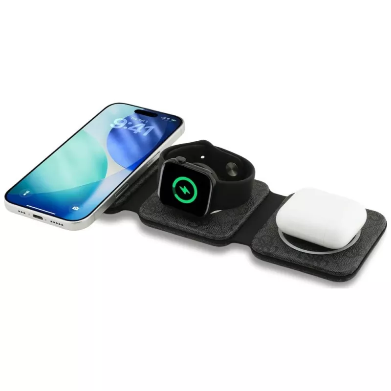 Carregador sem fios Guess 4G - estação de carregamento por indução MagSafe 3 em 1 para iPhone, AirPods e Apple Watch 15W (preto)
