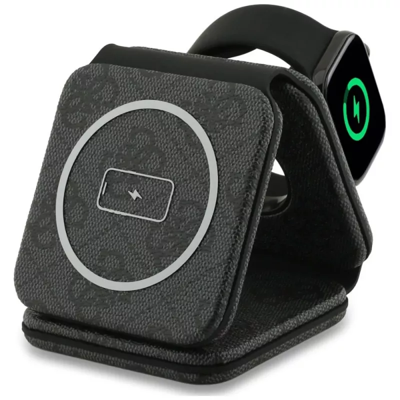 Carregador sem fios Guess 4G - estação de carregamento por indução MagSafe 3 em 1 para iPhone, AirPods e Apple Watch 15W (preto)