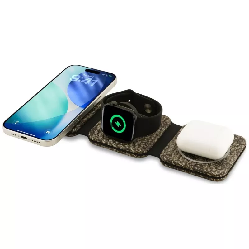 Carregador sem fios Guess 4G - estação de carregamento MagSafe 3 em 1 para iPhone, AirPods e Apple Watch 15W (castanho)