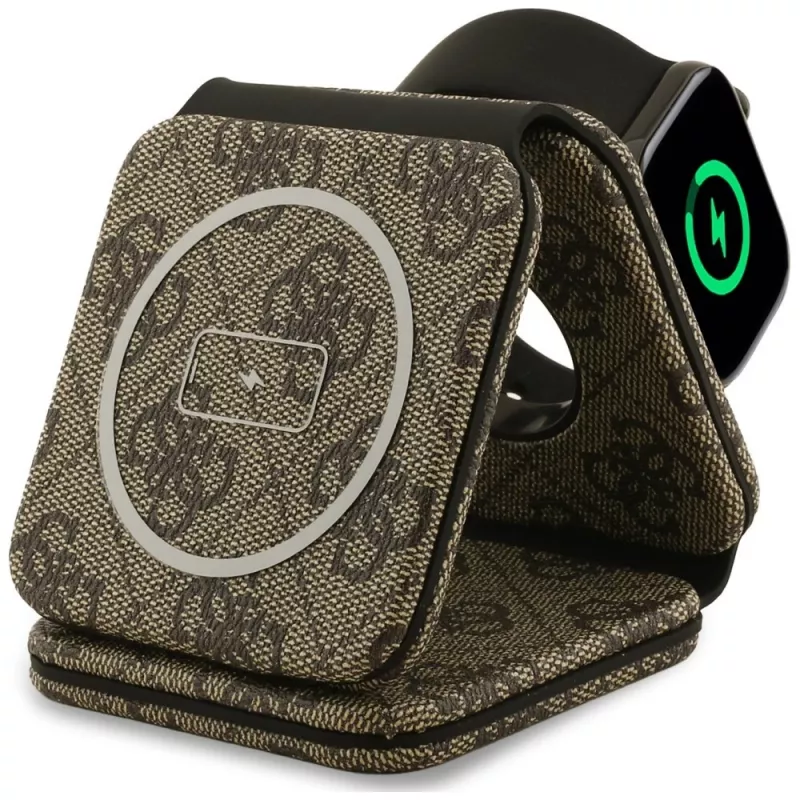 Carregador sem fios Guess 4G - estação de carregamento MagSafe 3 em 1 para iPhone, AirPods e Apple Watch 15W (castanho)