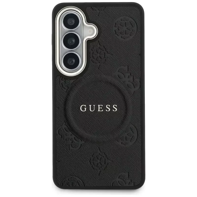 Guess Saffiano Peony Embossed Ring MagSafe Capa para Samsung Galaxy S26 preto