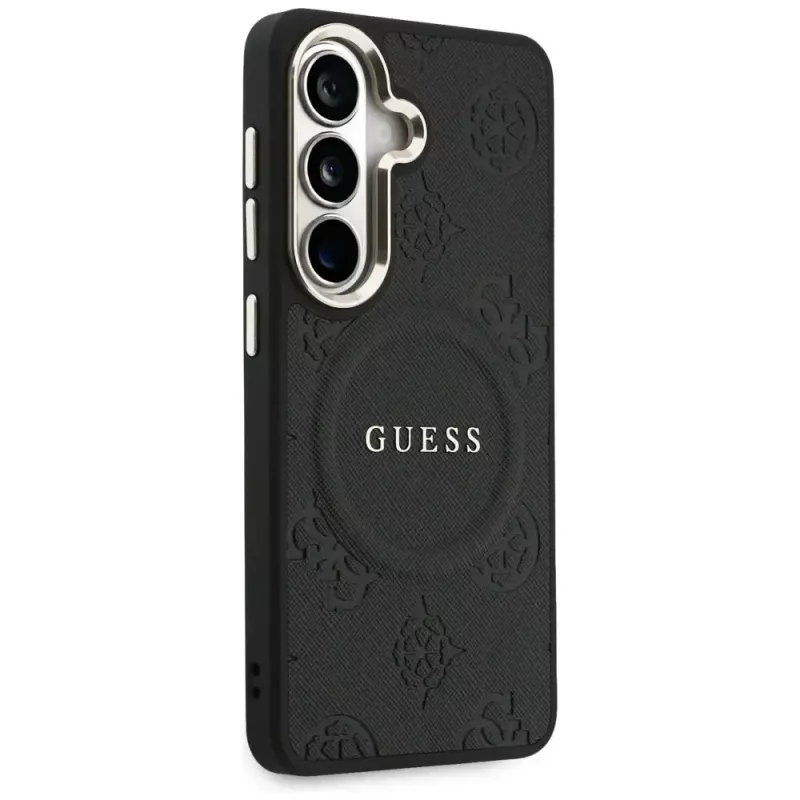 Guess Saffiano Peony Embossed Ring MagSafe Capa para Samsung Galaxy S26 preto