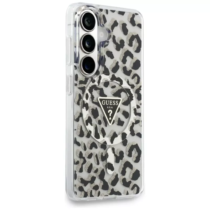 Guess IML Leopard Print Triangle MagSafe Capa para Samsung Galaxy S26, preto