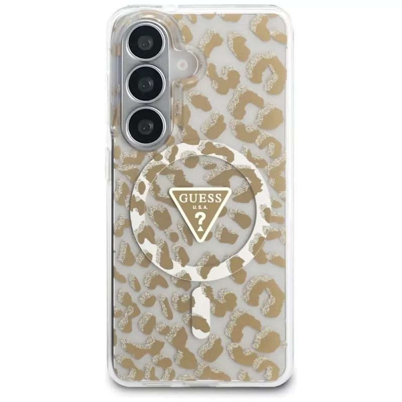 Guess IML Leopard Print Triangle MagSafe Capa para Samsung Galaxy S26 (castanho)