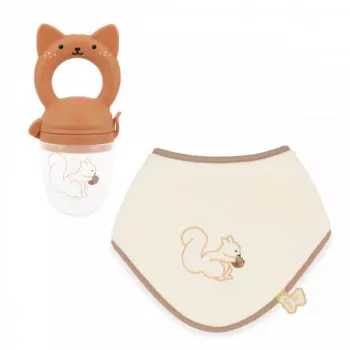 Kaloo Conjunto de Oferta para Bebé Mordedor de Fruta + Babete Grignoti o Esquilo