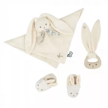 Kaloo Conjunto de Oferta 3 em 1 Coelho (Fralda de Peluche + Mordedor + Botinhas) Creme Coleção Lapinoo