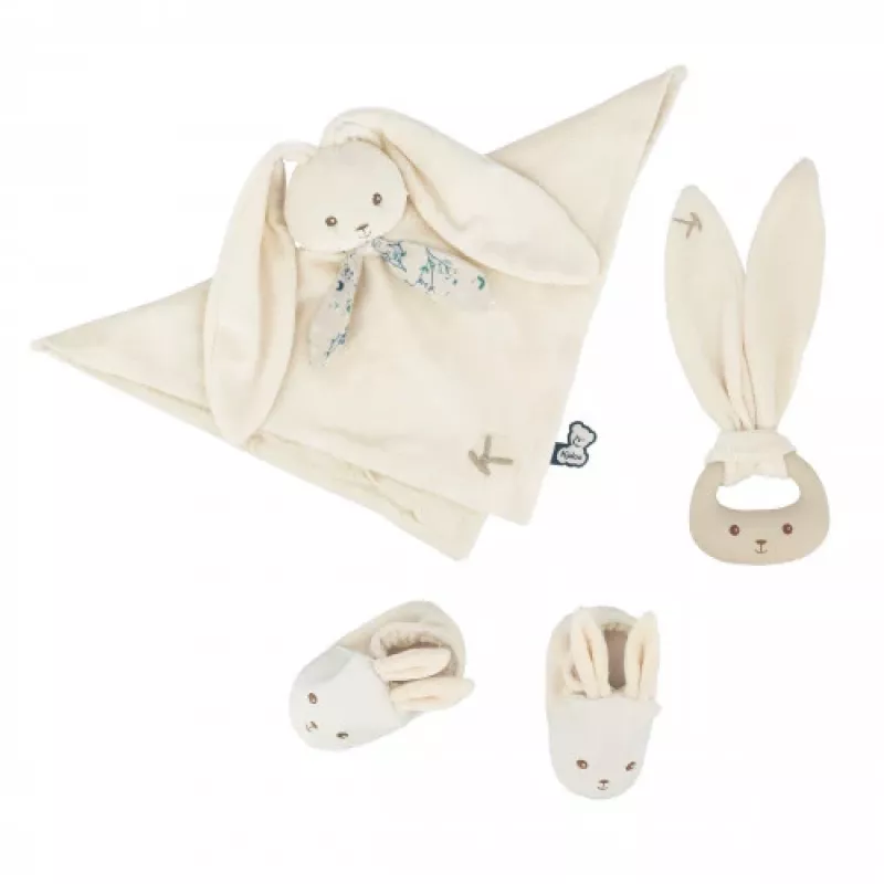 Kaloo Conjunto de Oferta 3 em 1 Coelho (Fralda de Peluche + Mordedor + Botinhas) Creme Coleção Lapinoo