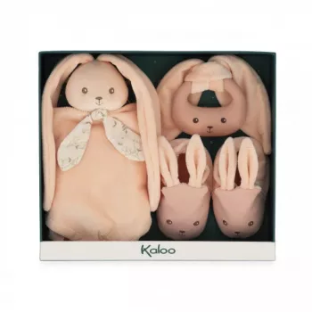 Kaloo Conjunto de Oferta para Bebé 3 em 1 Coelho (Fralda de Peluche + Mordedor + Botinhas) Pêssego Lapinoo