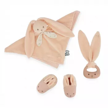 Kaloo Conjunto de Oferta para Bebé 3 em 1 Coelho (Fralda de Peluche + Mordedor + Botinhas) Pêssego Lapinoo