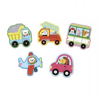 Janod Conjunto de puzzles progressivos com 5 puzzles - 2, 4, 6, 8 e 10 peças - Veículos 2+
