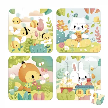 Janod Conjunto de puzzles progressivos Pure em mala – Animais – 4 puzzles (6, 9, 12, 16 peças) – a partir de 2 anos – Fabricado em França