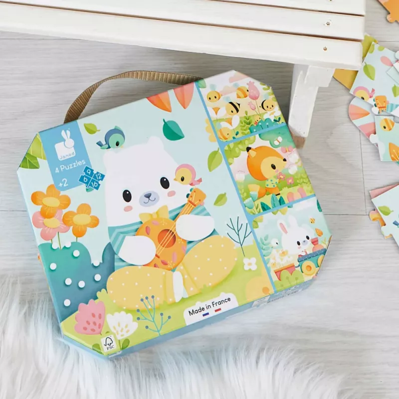 Janod Conjunto de puzzles progressivos Pure em mala – Animais – 4 puzzles (6, 9, 12, 16 peças) – a partir de 2 anos – Fabricado em França