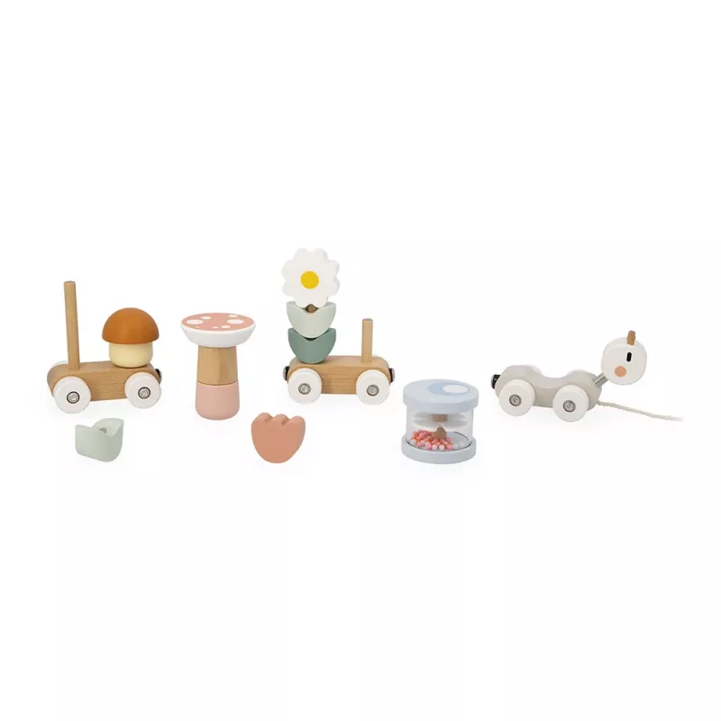 Janod Sweet Cocoon Comboio magnético de empilhar Caracol Brinquedo de puxar com blocos e chocalho, 12m+