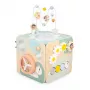 Janod Sweet Cocoon Cubo multiatividades com labirinto de contas, encaixe de formas, ábaco, engrenagens, elementos deslizantes, blocos giratórios, jogo de empilhar - Madeira certificada FSC, cores pastel, idade dos 18 meses aos 3 anos