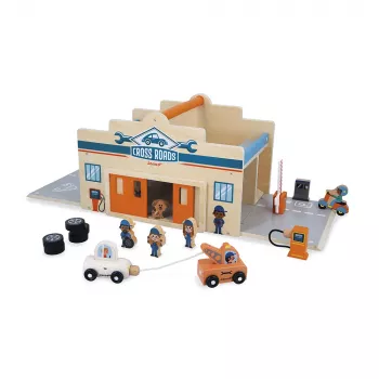 Janod Garagem de Madeira com Figuras e Mecanismo de Abertura Cross Roads 2+