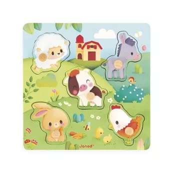 Janod Puzzle Sensorial de Madeira Pure Animais da Quinta 7 Peças