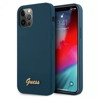 Guess GUHCP12LLSLMGBL capa rígida Metal Logo Script para Apple iPhone 12 Pro Max, azul