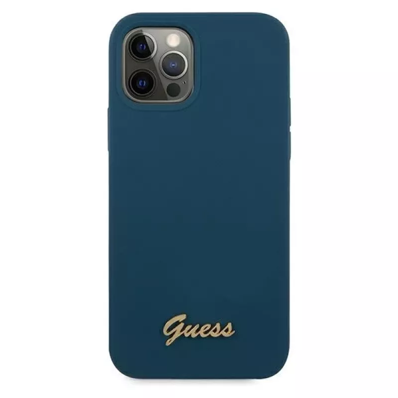 Guess GUHCP12LLSLMGBL capa rígida Metal Logo Script para Apple iPhone 12 Pro Max, azul