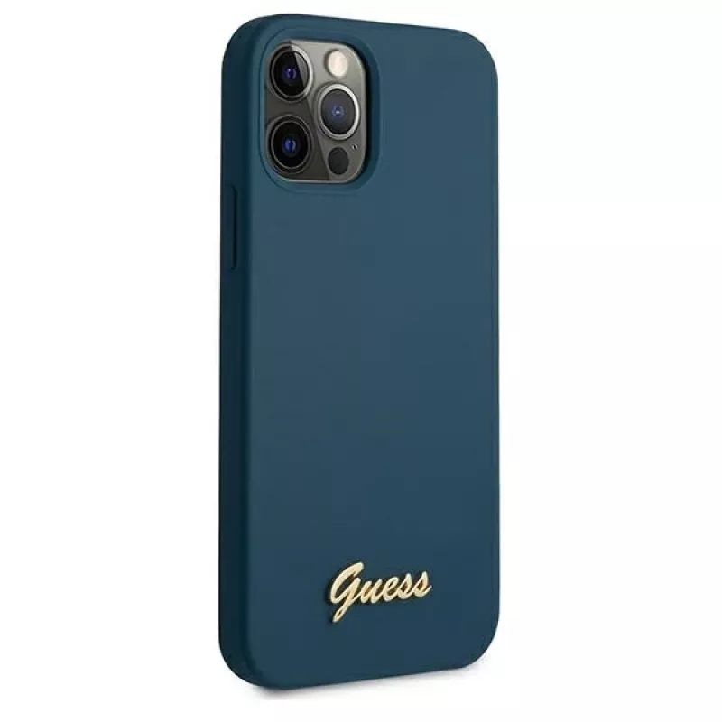 Guess GUHCP12LLSLMGBL capa rígida Metal Logo Script para Apple iPhone 12 Pro Max, azul