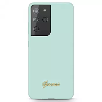 Guess GUHCS21LLSLMGLB capa traseira Silicone Script Metal Logo para Samsung Galaxy S21 Ultra (azul)