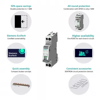 Siemens 5SV13166KK16 RCBO bipolar 16 A 30 mA, curva B, tipo A, 6 kA