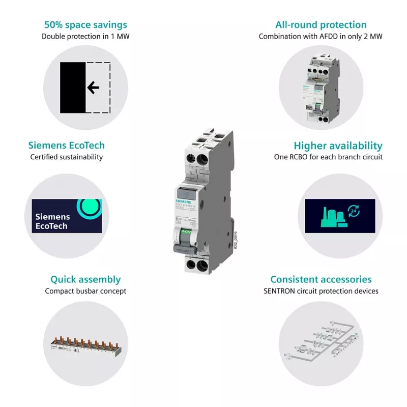 Siemens 5SV13166KK16 RCBO bipolar 16 A 30 mA, curva B, tipo A, 6 kA