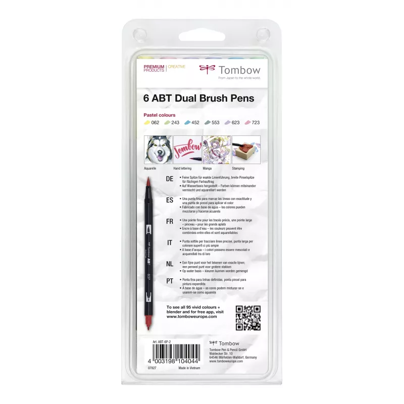 Tombow ABT-6P-2 Conjunto de Dual Brush Pen - 6 cores - ponta fina e ponta pincel - multicolorido