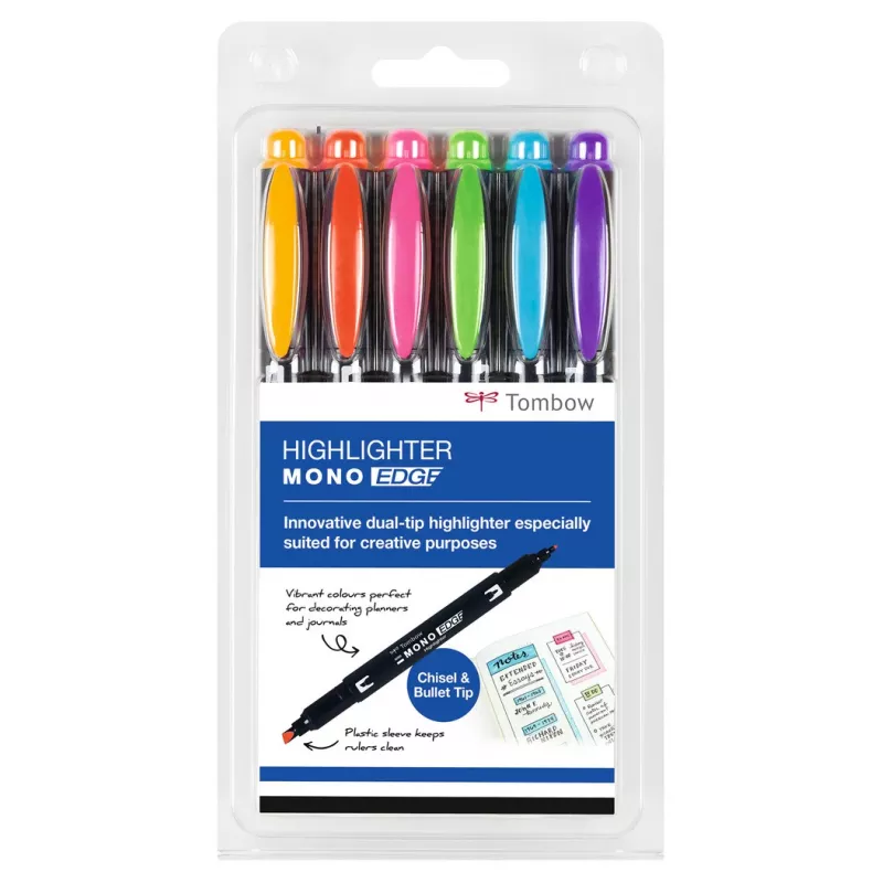 Tombow MONO Edge Conjunto de marcadores Highlighter - ponta chanfrada e ponta redonda 3,8mm 0,8mm linha variada (6 canetas)