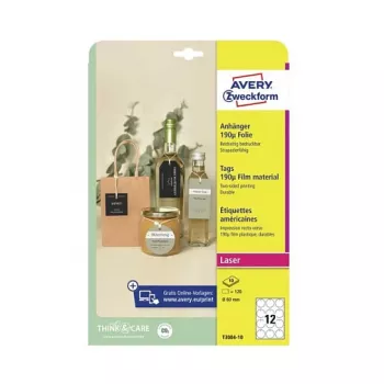 Etiquetas redondas não aderentes Avery Zweckform T3004-10, poliéster, branco, 60 mm, 120 etiquetas