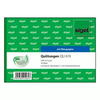 Sigel QU619 livro de formulários de recibos, IVA indicado separadamente, A6 horizontal, 50 folhas