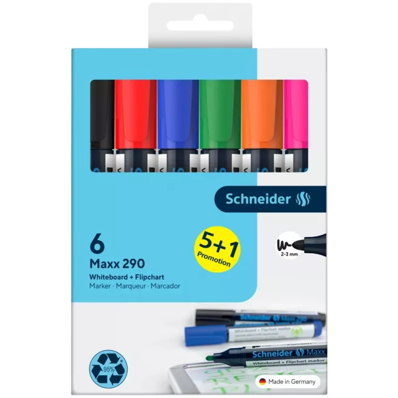 Schneider Maxx 290 Conjunto de marcadores para quadro branco e flipchart, 6 unid., várias cores, 2,0 - 3,0 mm