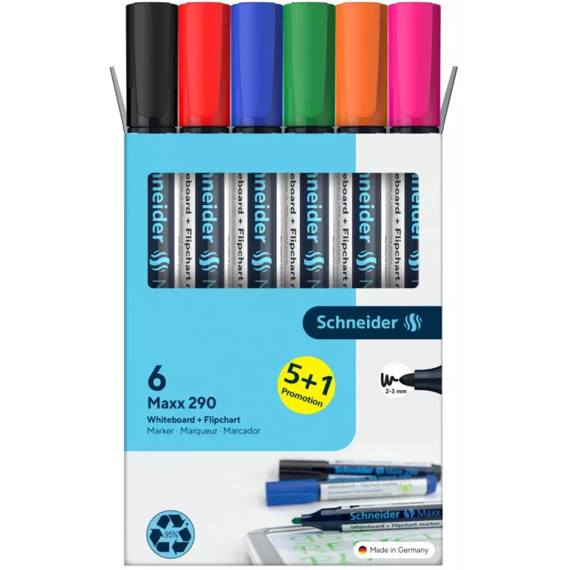 Schneider Maxx 290 Conjunto de marcadores para quadro branco e flipchart, 6 unid., várias cores, 2,0 - 3,0 mm