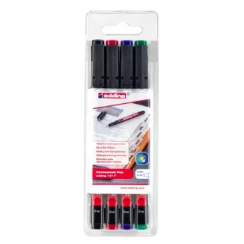 Conjunto de marcadores permanentes EDDING 141 F - ponta fina 0,6 mm - preto, azul, verde, vermelho - 4 marcadores