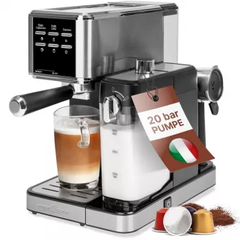 Máquina de café expresso PROFI COOK PC-ES-KA 1266 com porta-filtro e sistema de cápsulas, 20 bar, 1450 W, Preto/Prateado