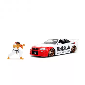 Carro die-cast Jada Street Fighter Ryu 1:24 Nissan Skyline GTR com figura
