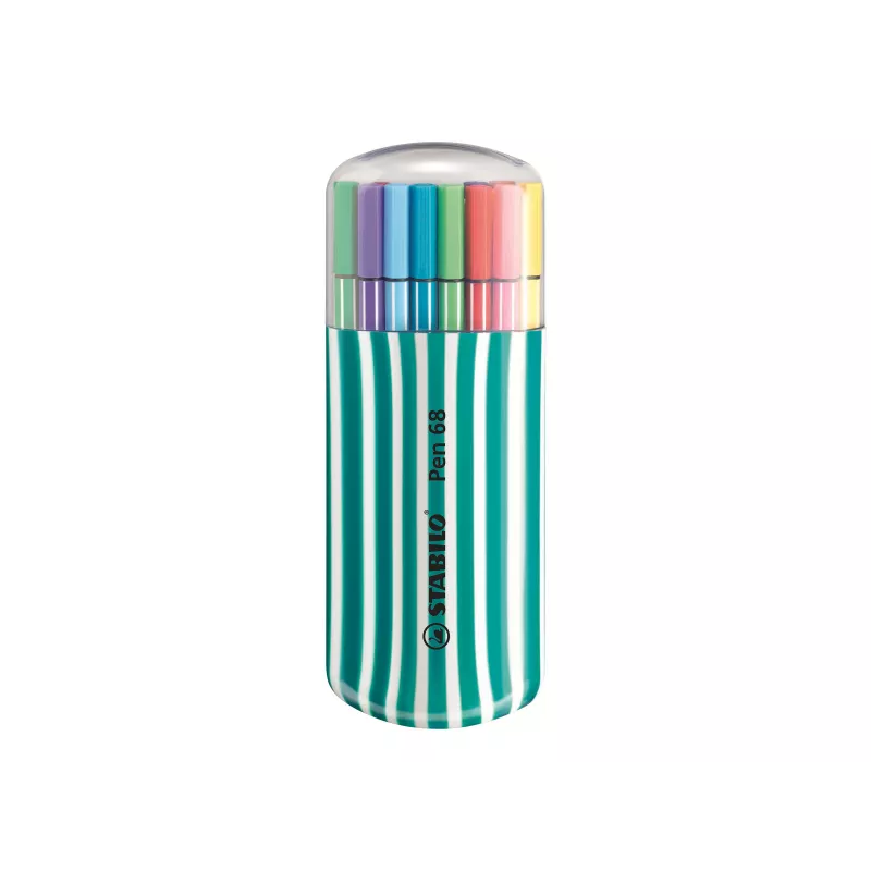 Conjunto de marcadores STABILO Pen 68, 20 cores sortidas, caixa de plástico, Zebrui turquesa, espessura de traço 1 mm