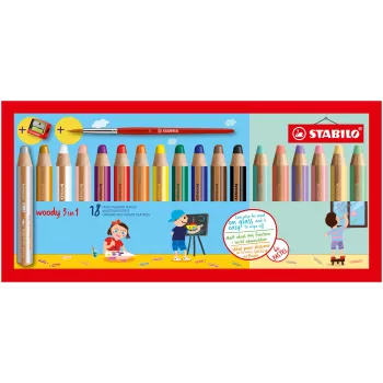 STABILO Woody 3-in-1 lápis multiusos 7,6 cm conjunto pastel de 18 peças com pincel