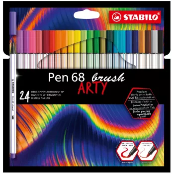 STABILO Pen 68 Brush ARTY Edition estojo de cartão de 24 - marcadores de feltro com pontas de pincel flexíveis para lettering, bullet journaling e ilustração