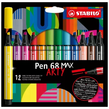 STABILO Pen 68 MAX conjunto de marcadores de feltro de 12 peças ARTY Edition com ponta chanfrada em estojo de plástico