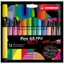 STABILO Pen 68 MAX conjunto de marcadores de feltro de 12 peças ARTY Edition com ponta chanfrada em estojo de plástico